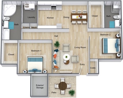 Floor plan for 2 beds, 2 baths, 940 sqft